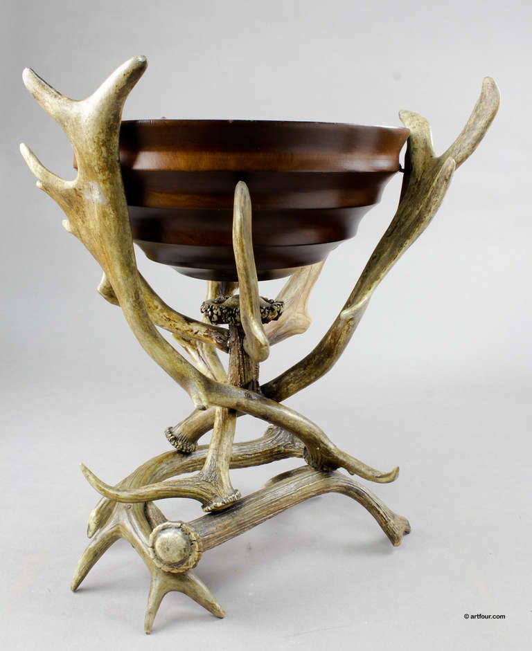 Rustic vintage centerpiece with antlers and wooden bowl