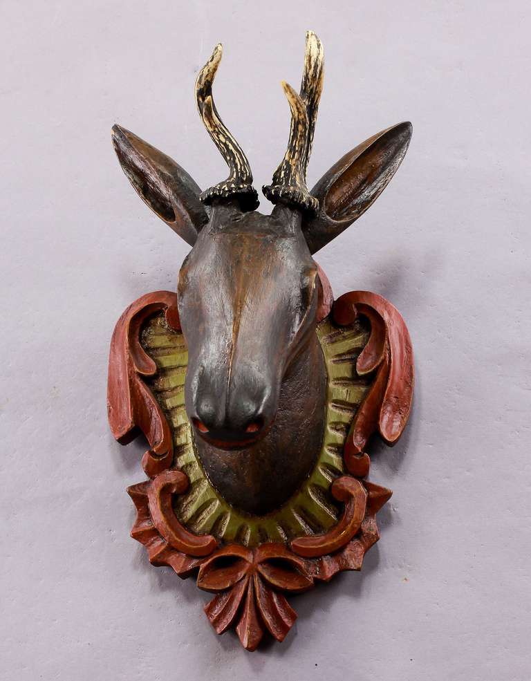 German Carved Wood Roe Deer Head in Baroque Style, circa 1900