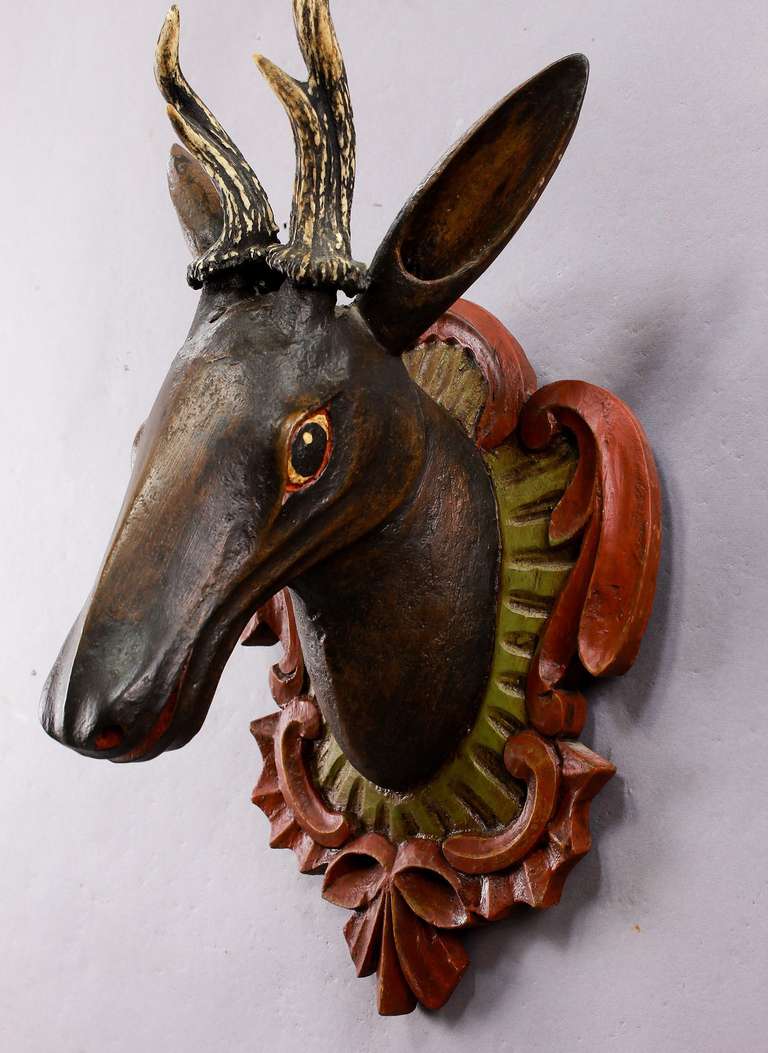 Black Forest Carved Wood Roe Deer Head in Baroque Style, circa 1900