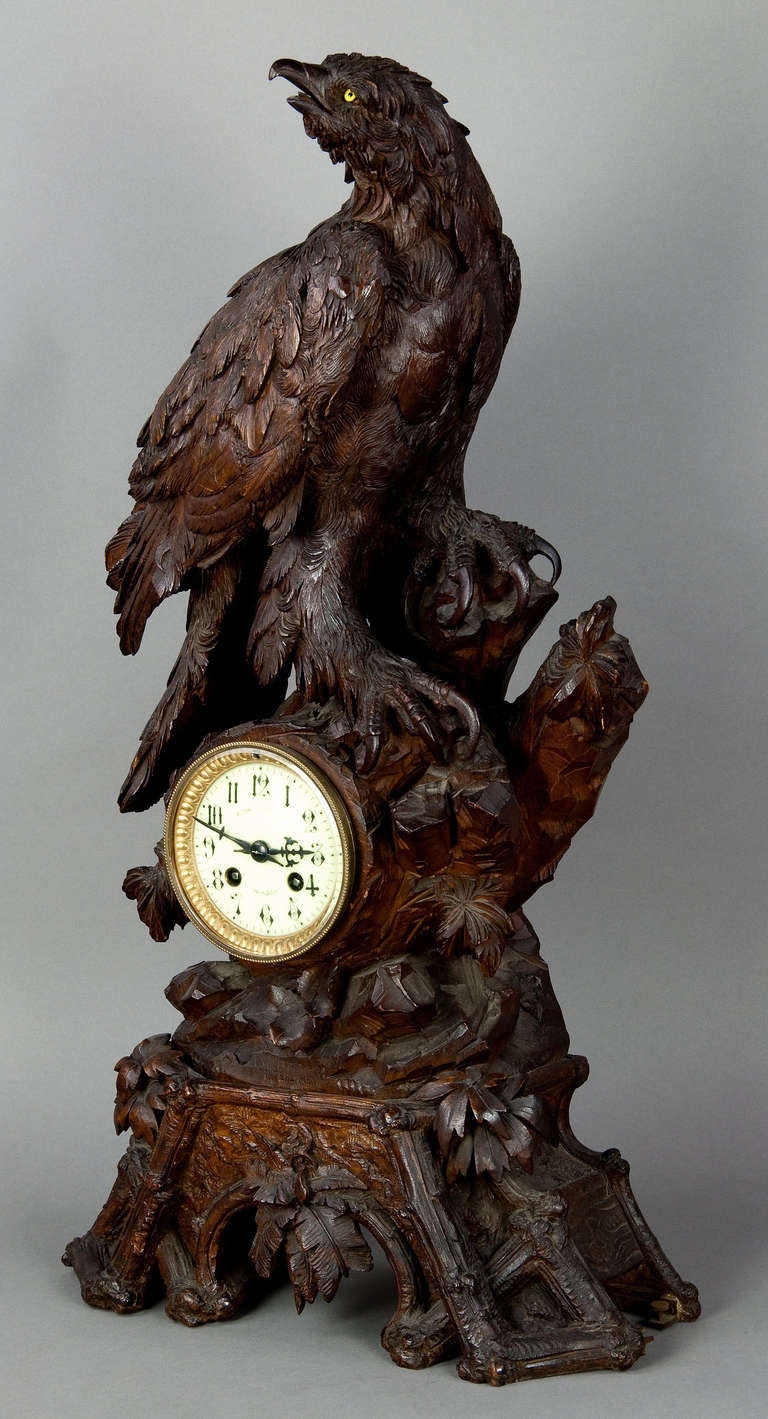 Antique Carved Wood Eagle Table Clock, Swiss, 1900 For Sale at 1stdibs