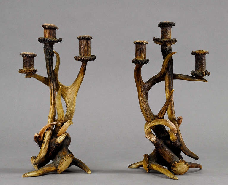 A Pair of Antique Black Forest Antler Candleholders ca. 1890
