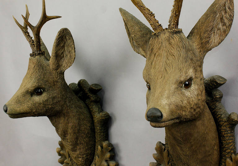 German Pair of Carved Wood Roe Deer Heads