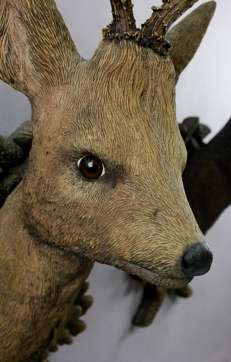 20th Century Pair of Carved Wood Roe Deer Heads