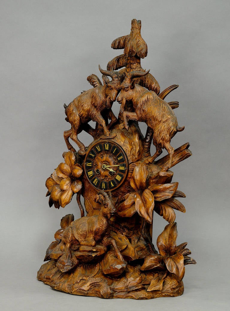 Swiss carved wood mountain goats mantle clock swiss brienz