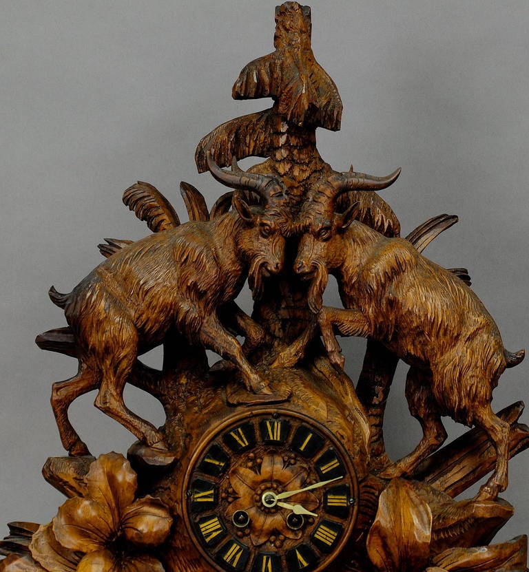carved wood mountain goats mantle clock swiss brienz In Excellent Condition In Berghuelen, DE