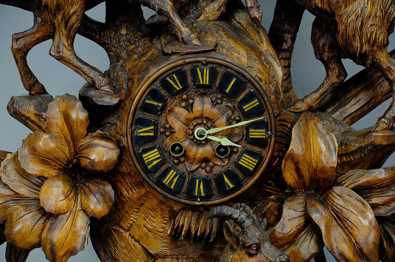 Wood carved wood mountain goats mantle clock swiss brienz
