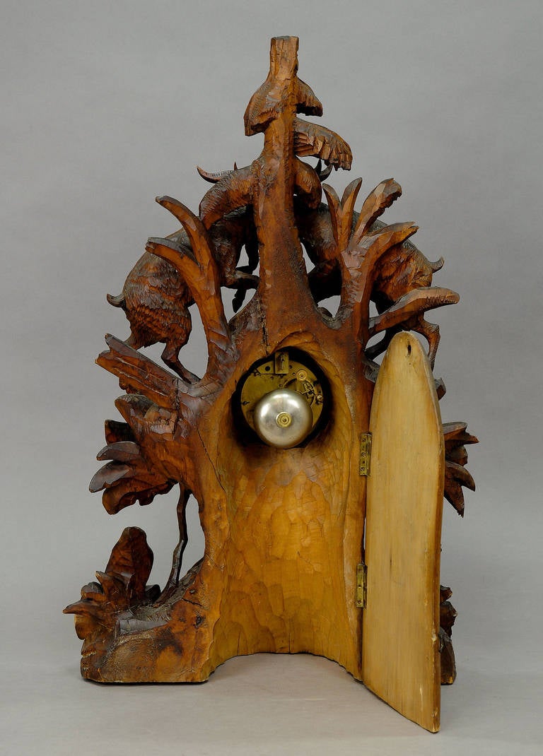 19th Century carved wood mountain goats mantle clock swiss brienz