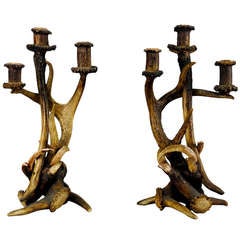 A Pair of Antique Black Forest Antler Candleholders ca. 1890