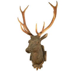 Black Forest Wooden Carved Stag Head Ca. 1900