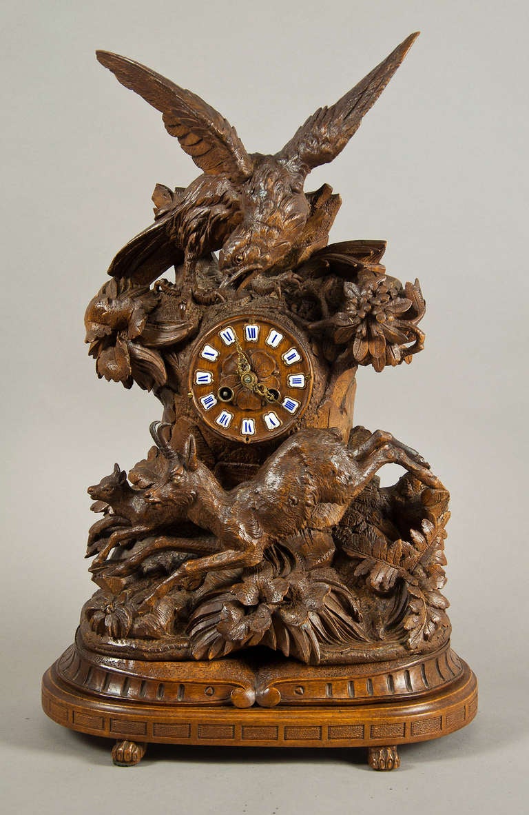 Black Forest Carved Wood Eagle Clock with a Pair of Sidepieces Swiss 1900
