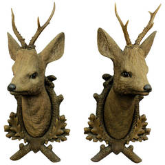 Pair of Carved Wood Roe Deer Heads
