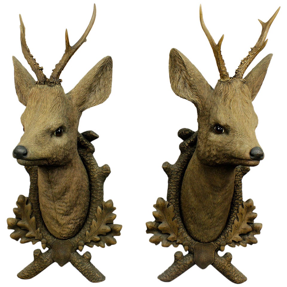 Pair of Carved Wood Roe Deer Heads