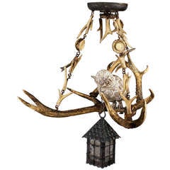 Antique Black Forest Antler Chandelier With Owl Statue