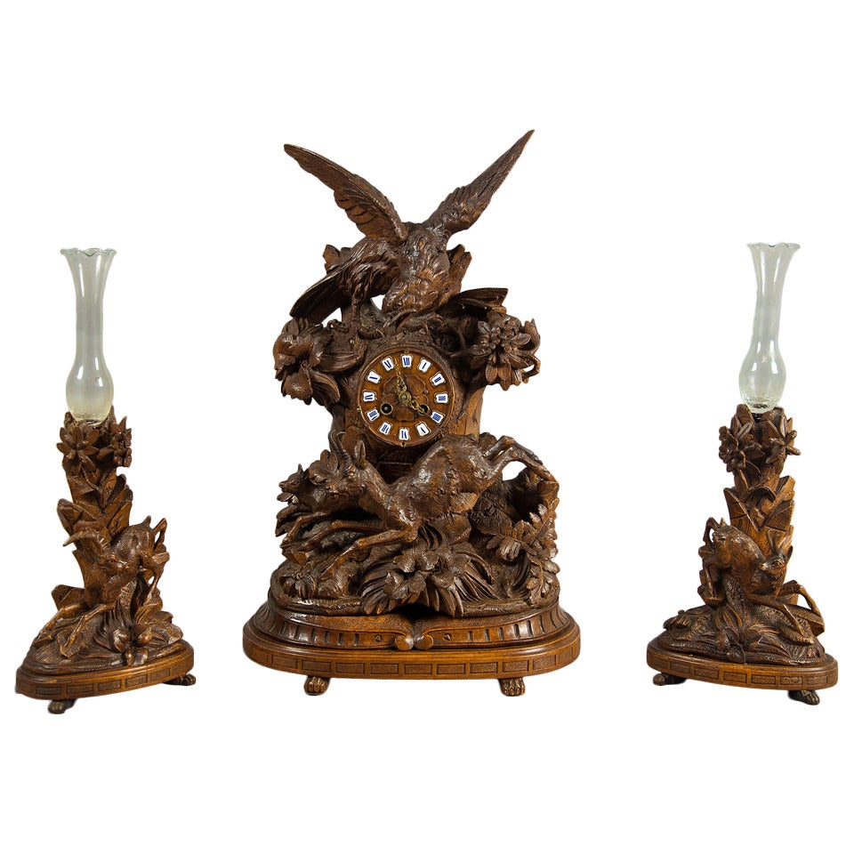Carved Wood Eagle Clock with a Pair of Sidepieces Swiss 1900