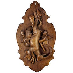 Wooden Carved Game Plaque with Ibex, Swiss, 1900 10