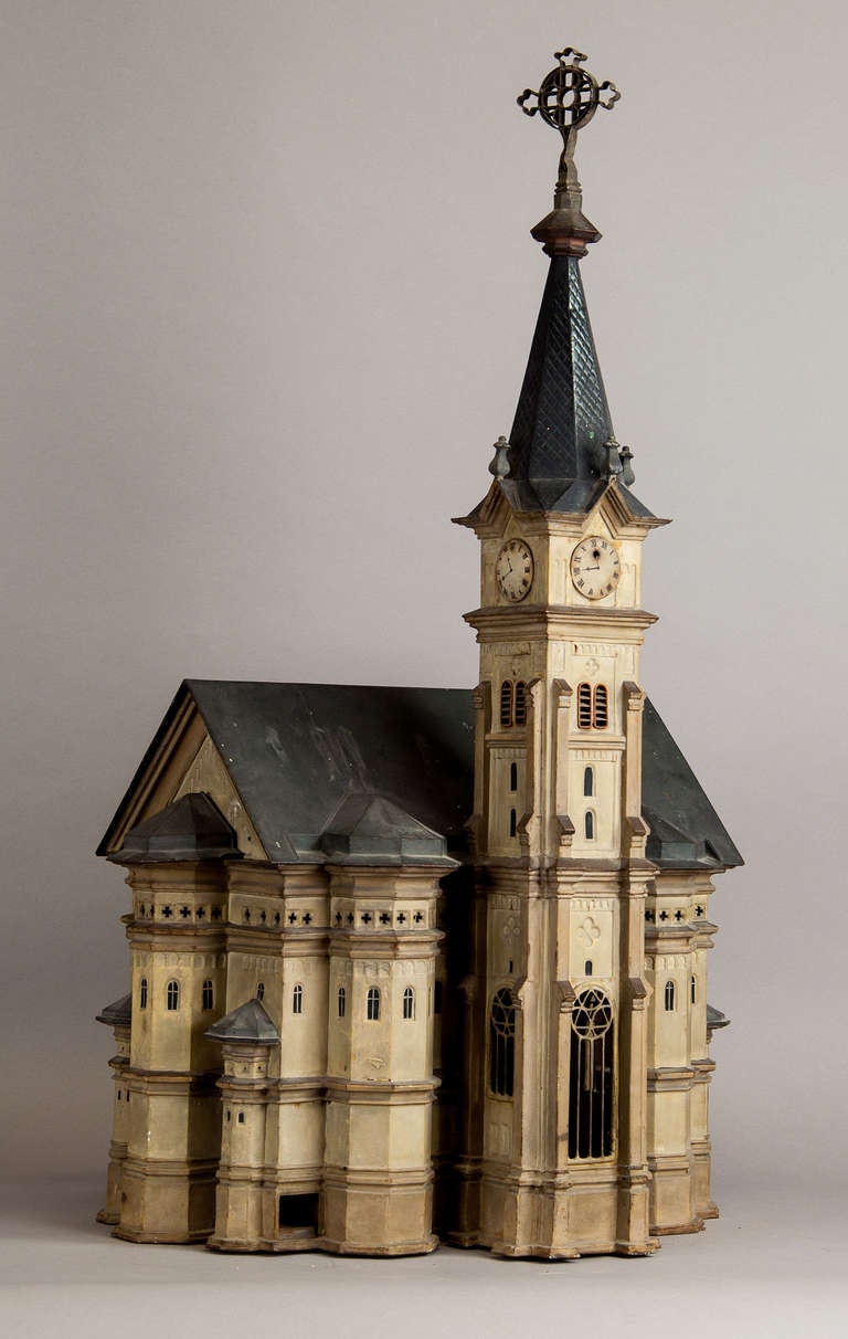 This is an unique antique handmade metal cage for small animals in the shape of a church. The cage is a model of the Holy Ghost church of Weissenhorn in Bavaria. Signed: 