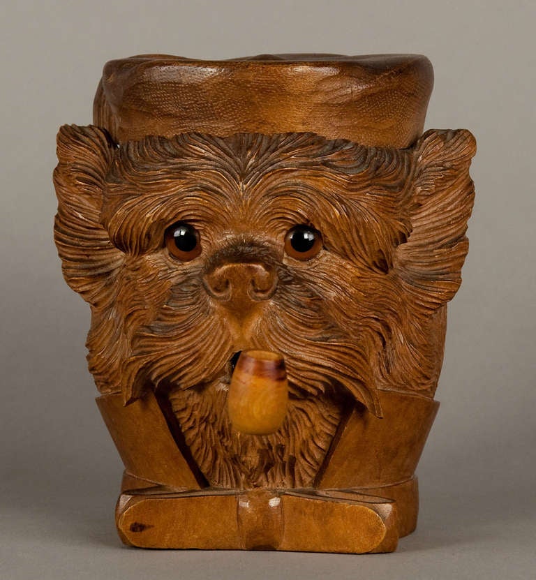 Carved Wood Terrier Tobacco Box Swiss Ca. 1900