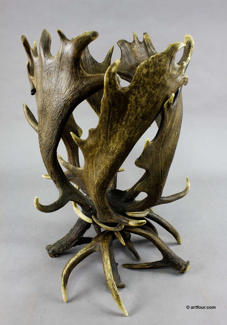 black forest antler basket made of original antlers from the deer and fallow deer. decorated with wild boar tusks. may be used as plant cachepot or waste paper basket.