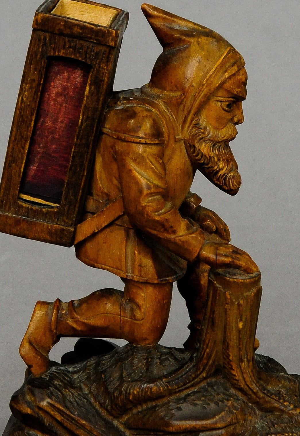 Swiss black forest wooden carved dwarf matchbox holder