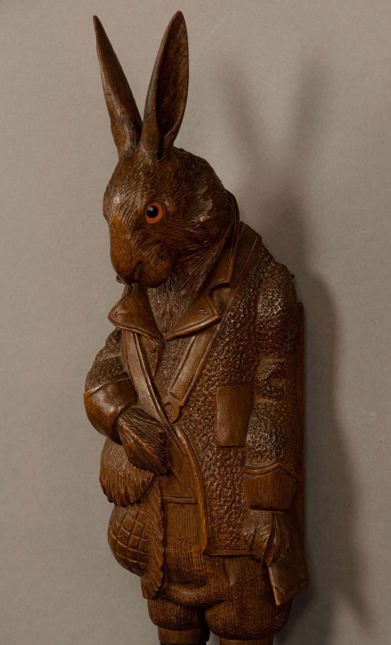 20th Century Antique Black Forest Carved Wood Hare Coat Hook With Music, Swiss Brienz