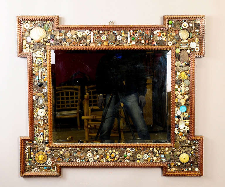 Antique Richly Decorated Tramp Art Quodlibet Mirror circa 1900