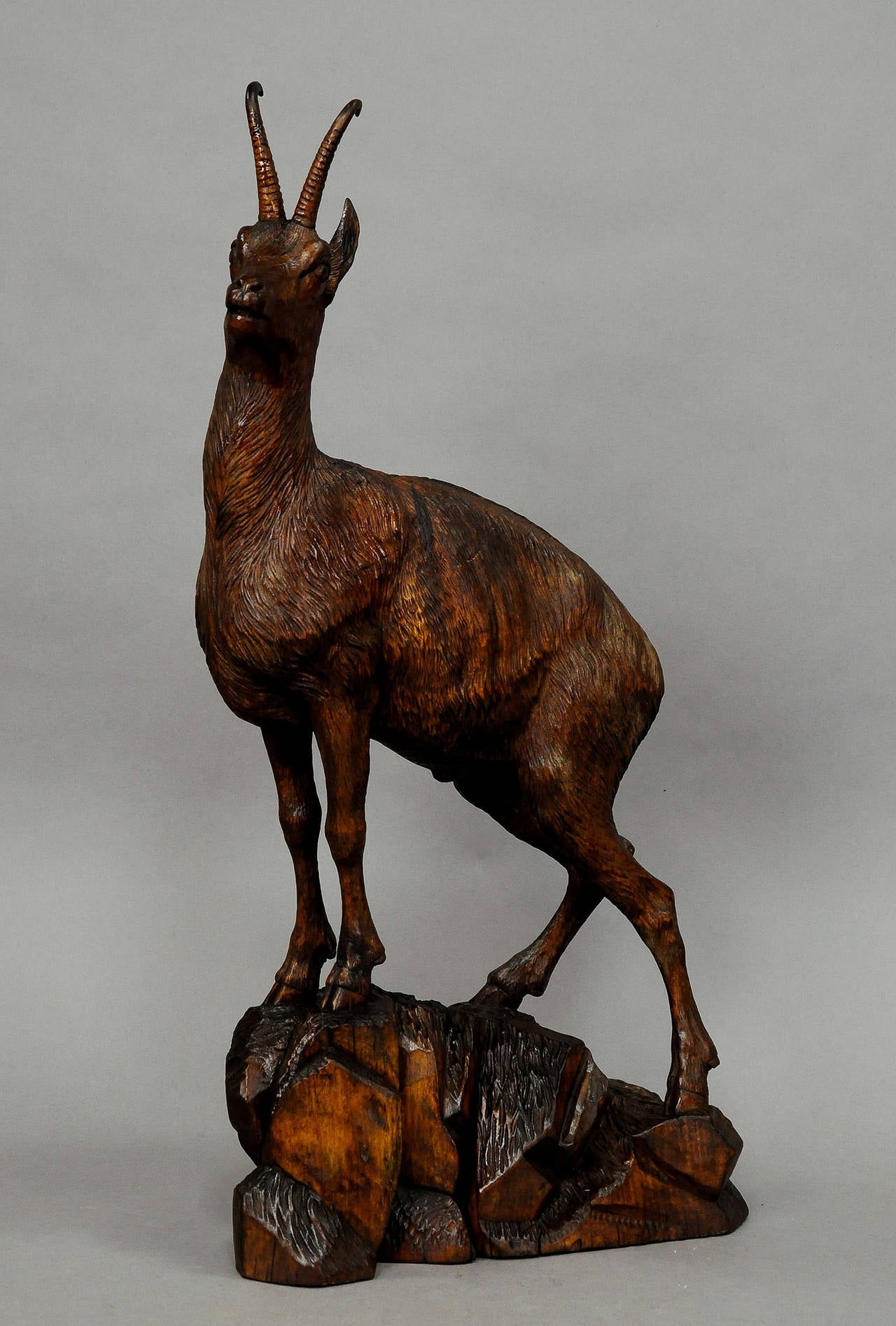 Black Forest large carved wood chamois by Ernst Heissl