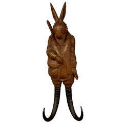 Antique Black Forest Carved Wood Hare Coat Hook With Music, Swiss Brienz