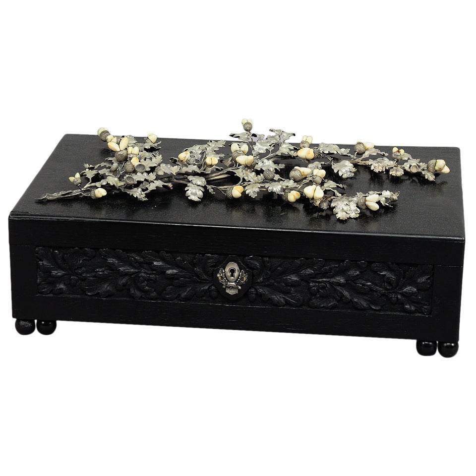 Carved Oak Wood Casket with Sterling and Wild Boar Teeth Decoration
