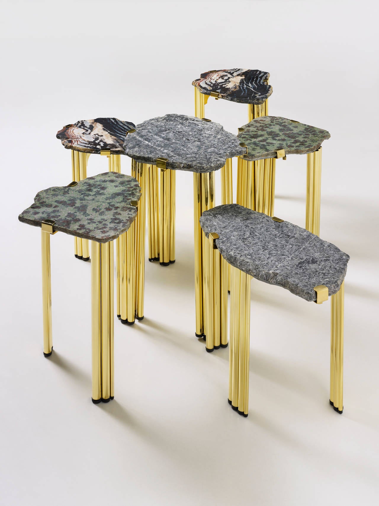 Polished ‘Pathway Mix’ Set of Six Coffee or Side Tables by Taher Chemirik