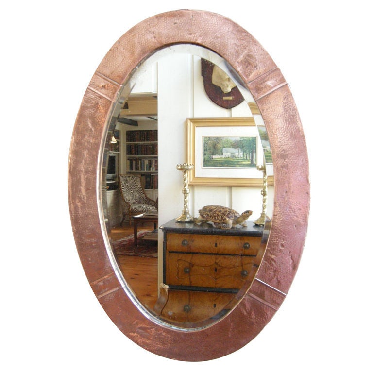 English Arts & Crafts Hammered Copper Oval Mirror