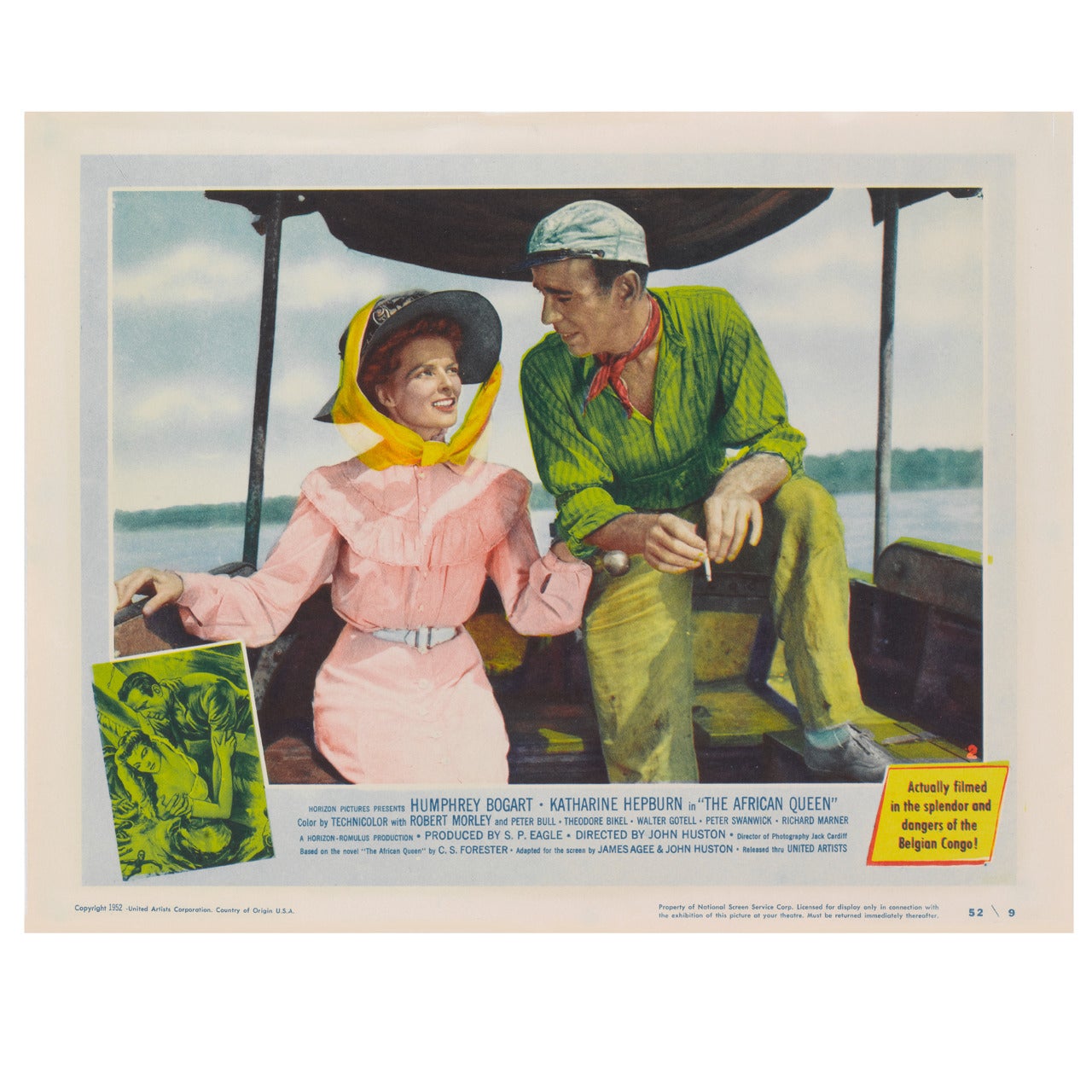 Original US Lobby card. This was part of a set of eight cards that were used in American cinemas to advertise the film when it first was released in 195.
This Lobby card is the best card in the set showing Humphrey Bogart, Katherine Hepburn sitting