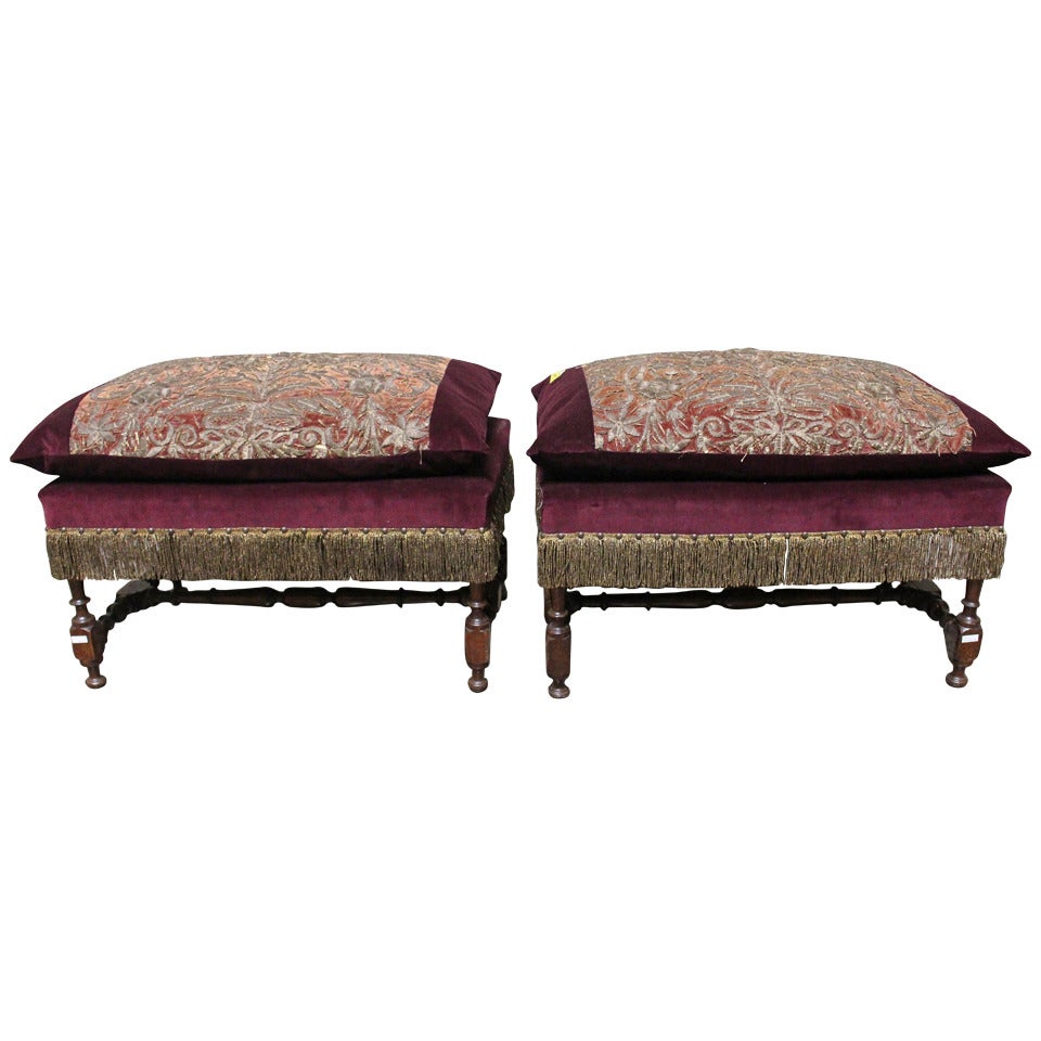Pair of 17th Century Spanish Benches with Metallic Embroidery