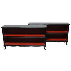 Pair of French Black Lacquered Console Bookcases with Red Interior