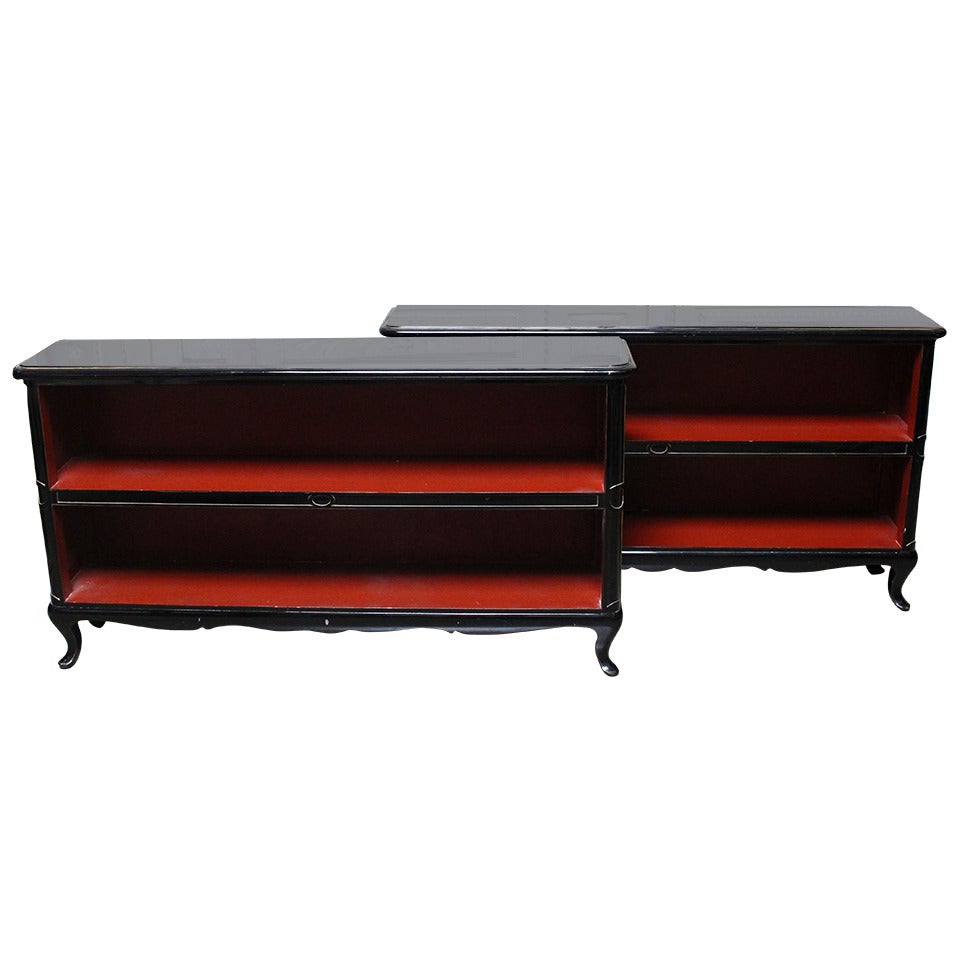 Pair of French Black Lacquered Console Bookcases with Red Interior at