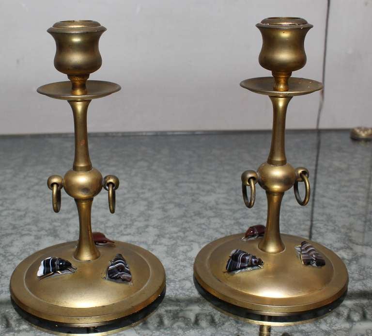 French Pair of Bronze Candlesticks with Carved Stone Moths