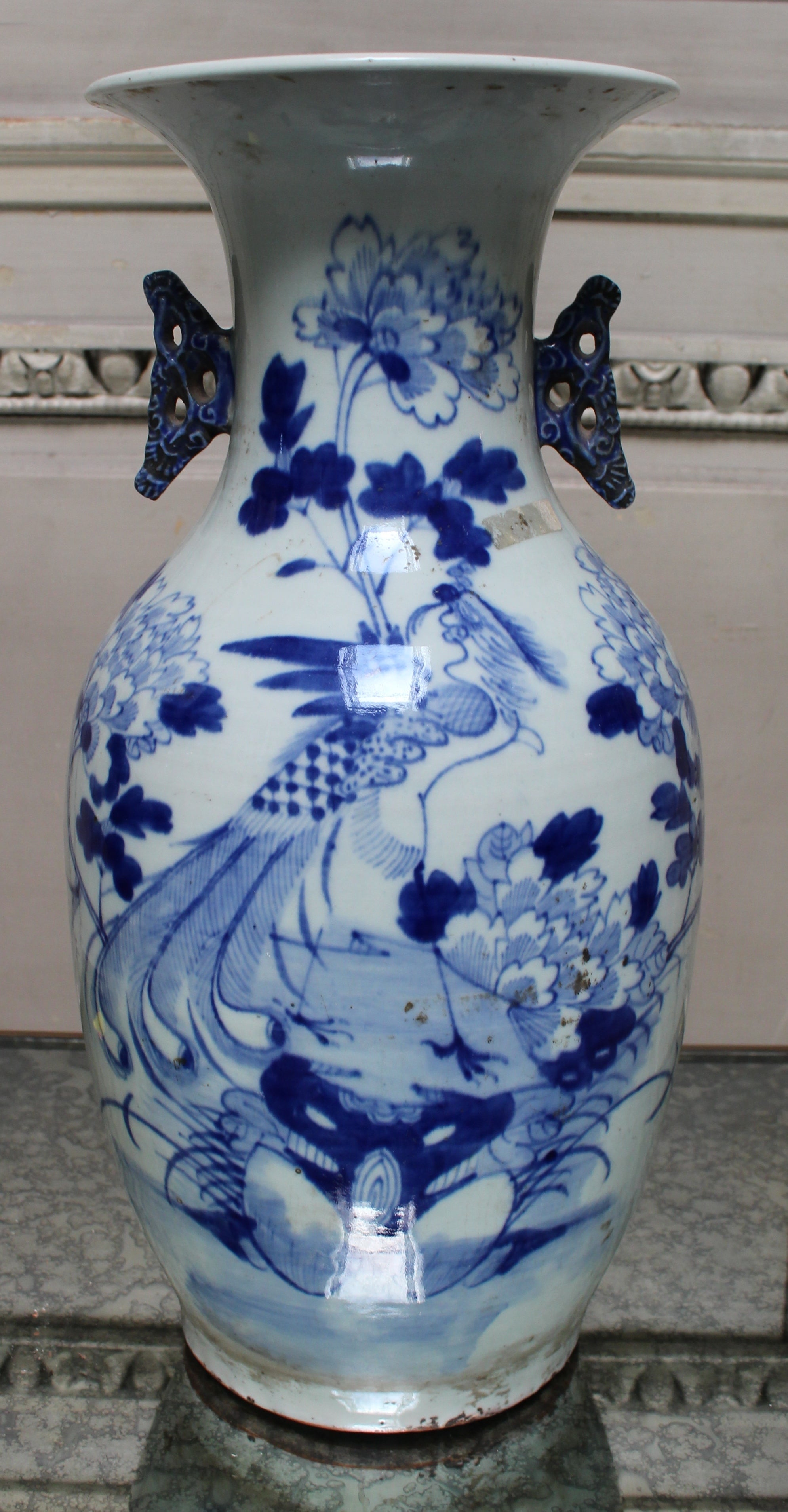 Blue and White Chinese Porcelain Vase with Peacock and Floral Motif