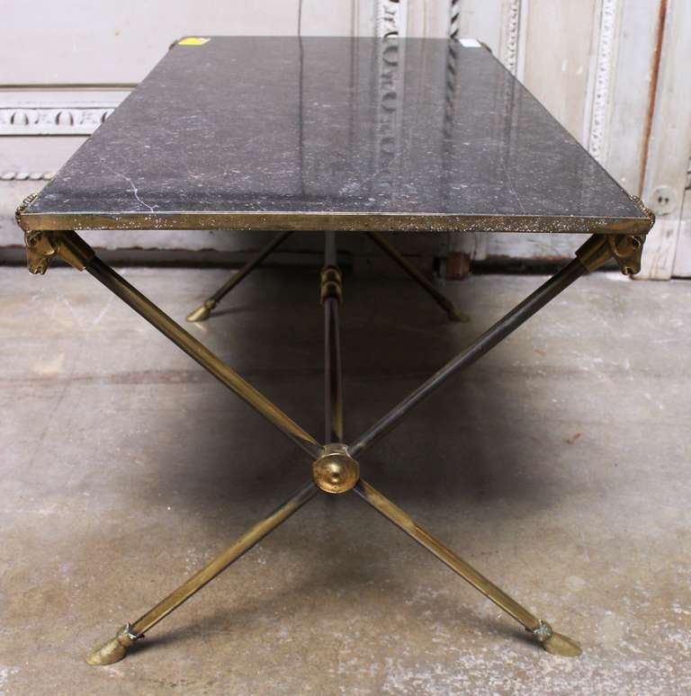 Cast French Bronze Coffee Table with Grey Stone Top and Rams Heads For Sale