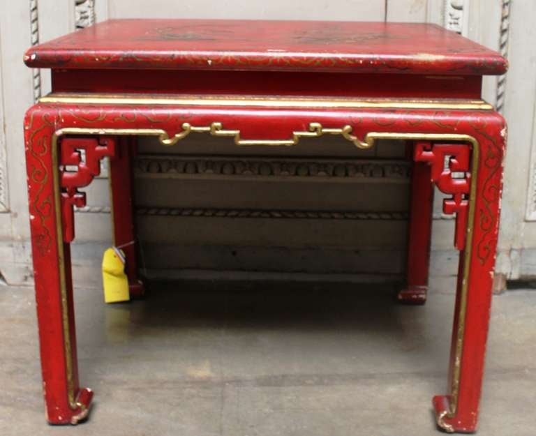 Hand-Carved French Red Lacquered Chinoiserie Table For Sale