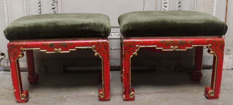 A Pair of Red Lacquered and Gilded Chinoiserie Tabourets