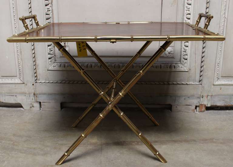 A Faux Bamboo Bronze and Burled Walnut Tray Table In Good Condition In Dallas, TX