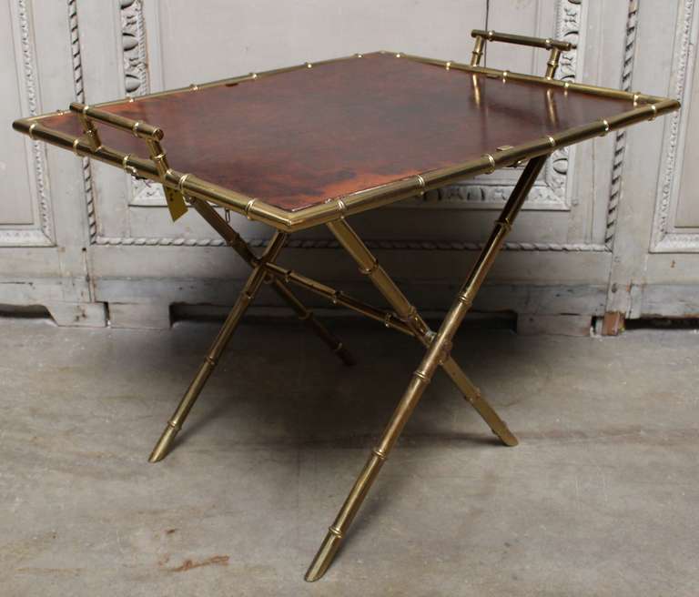 20th Century A Faux Bamboo Bronze and Burled Walnut Tray Table