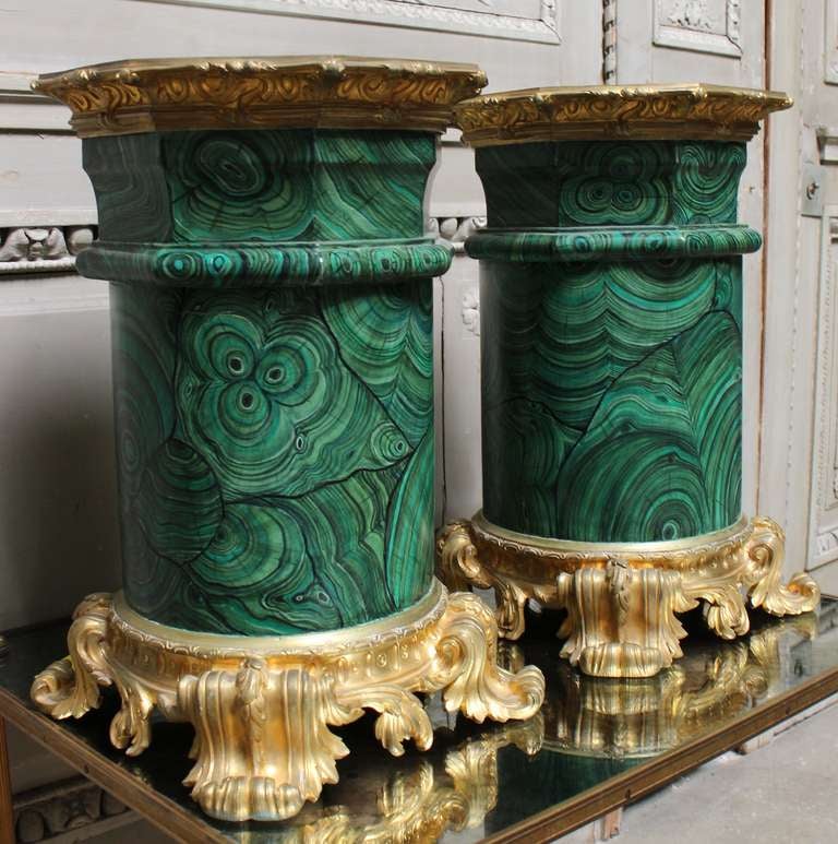 French Pair of Faux Malachite Bases with Bronze Mounts