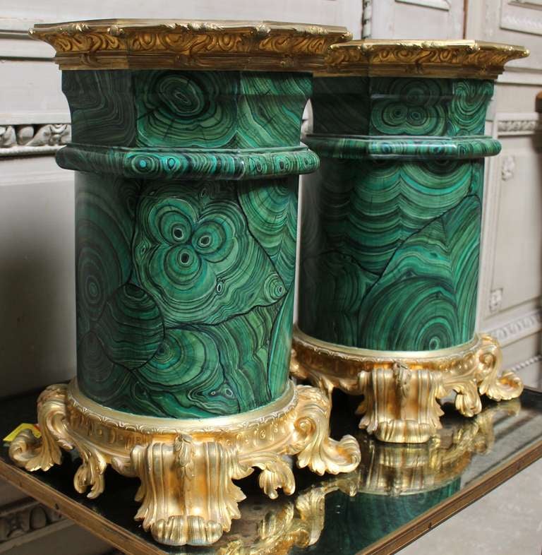 Rococo Pair of Faux Malachite Bases with Bronze Mounts