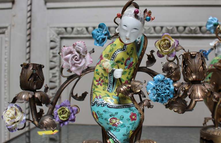 Cast Pair of Chinese Porcelain and French Bronze Figural Candlesticks