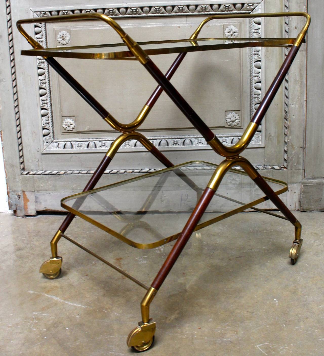Mid-Century Modern Italian Brass and Mahogany Bar Cart Trolly Attributed to Cesare Lacca