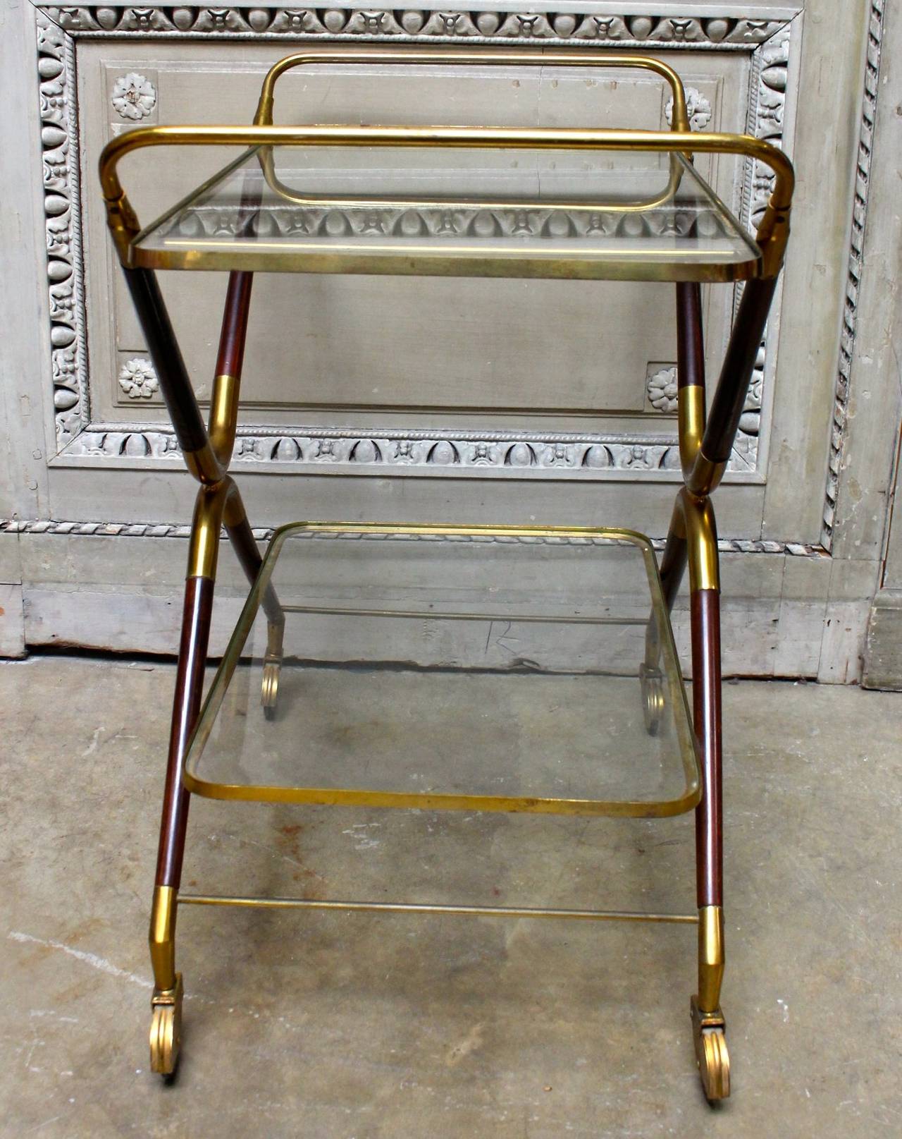 Italian Brass and Mahogany Bar Cart Trolly Attributed to Cesare Lacca In Good Condition In Dallas, TX
