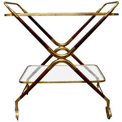 Italian Brass and Mahogany Bar Cart Trolly Attributed to Cesare Lacca