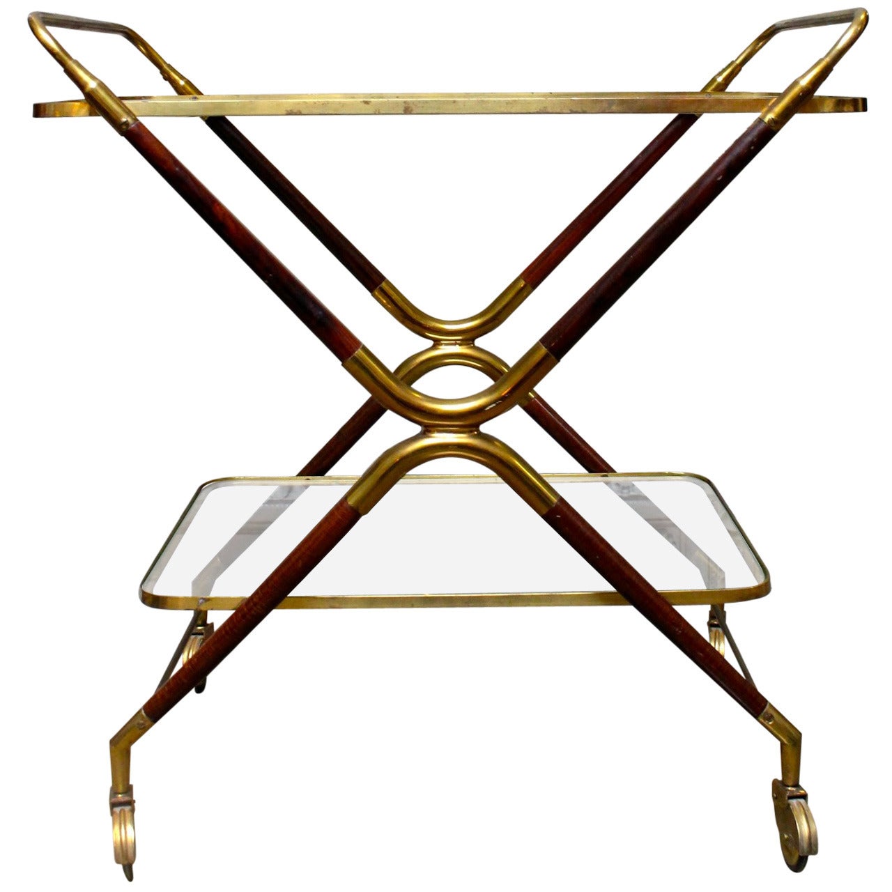 Italian Brass and Mahogany Bar Cart Trolly Attributed to Cesare Lacca