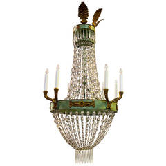 French Empire Style Painted and Parcel Gilt Tole and Crystal Chandelier