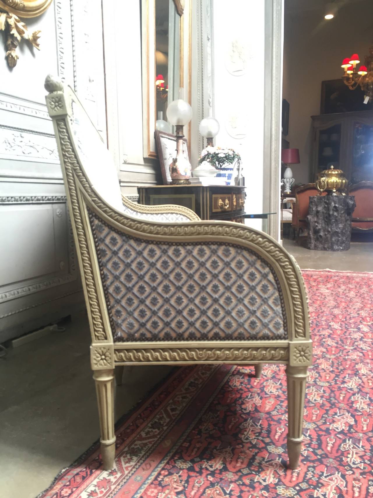 French Louis XVI Style Carved Wood Sofa with a Gray Green Painted Finish In Good Condition For Sale In Dallas, TX